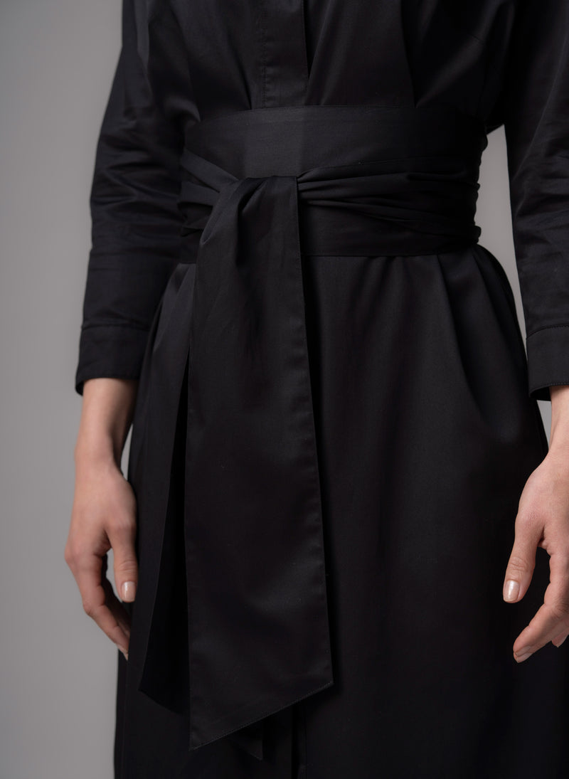 Ottilie Black Cotton Sateen Everyday Midi Shirt Dress