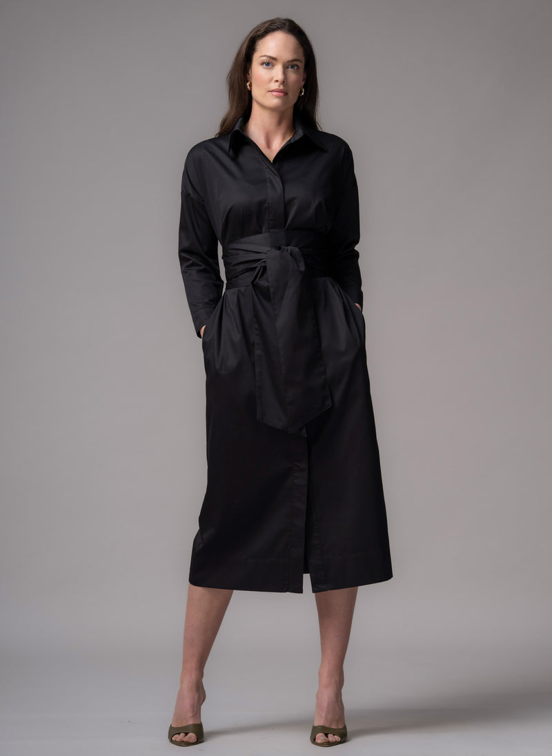 Ottilie Black Cotton Sateen Everyday Midi Shirt Dress