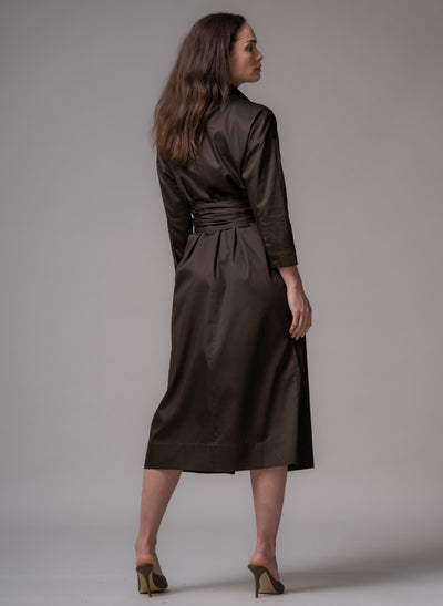 Ottilie Chocolate Cotton Sateen Everyday Midi Shirt Dress