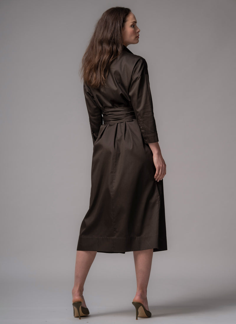 Ottilie Chocolate Cotton Sateen Everyday Midi Shirt Dress