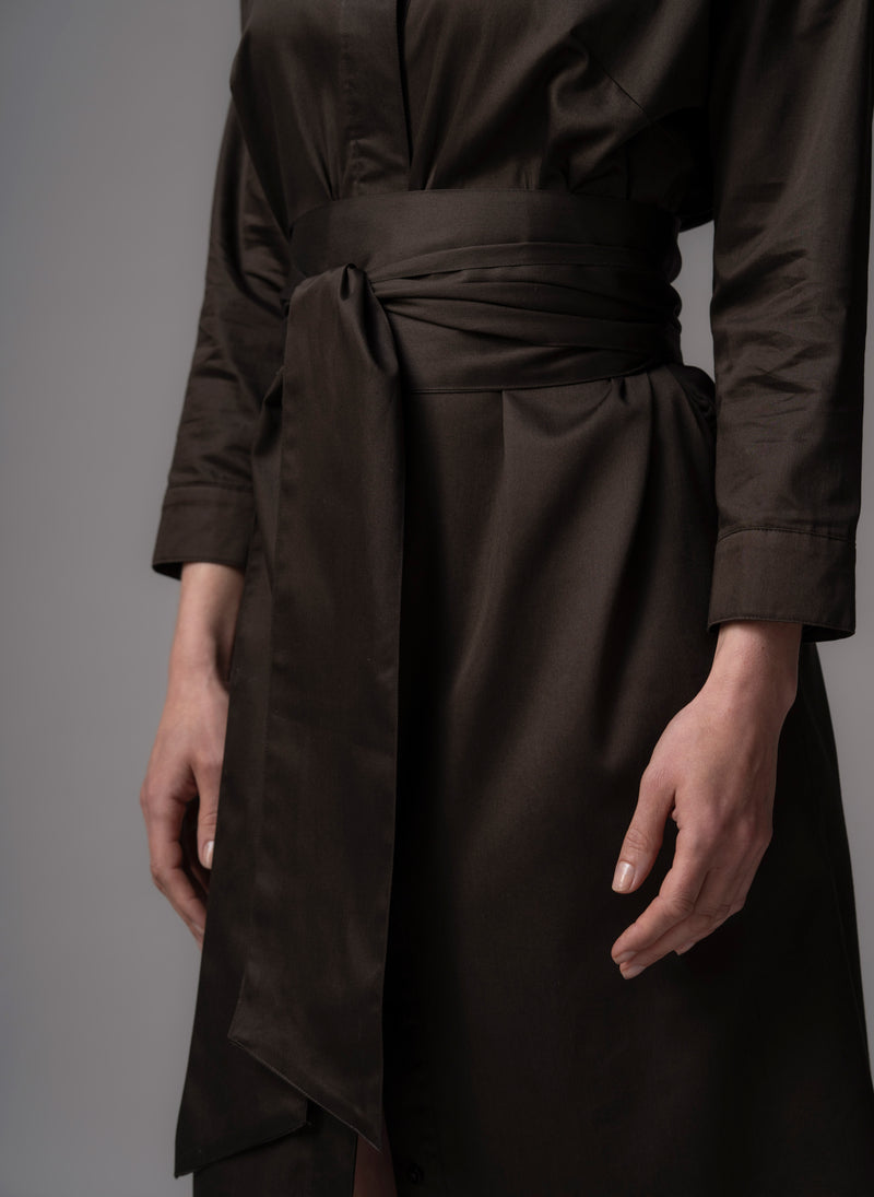 Ottilie Chocolate Cotton Sateen Everyday Midi Shirt Dress