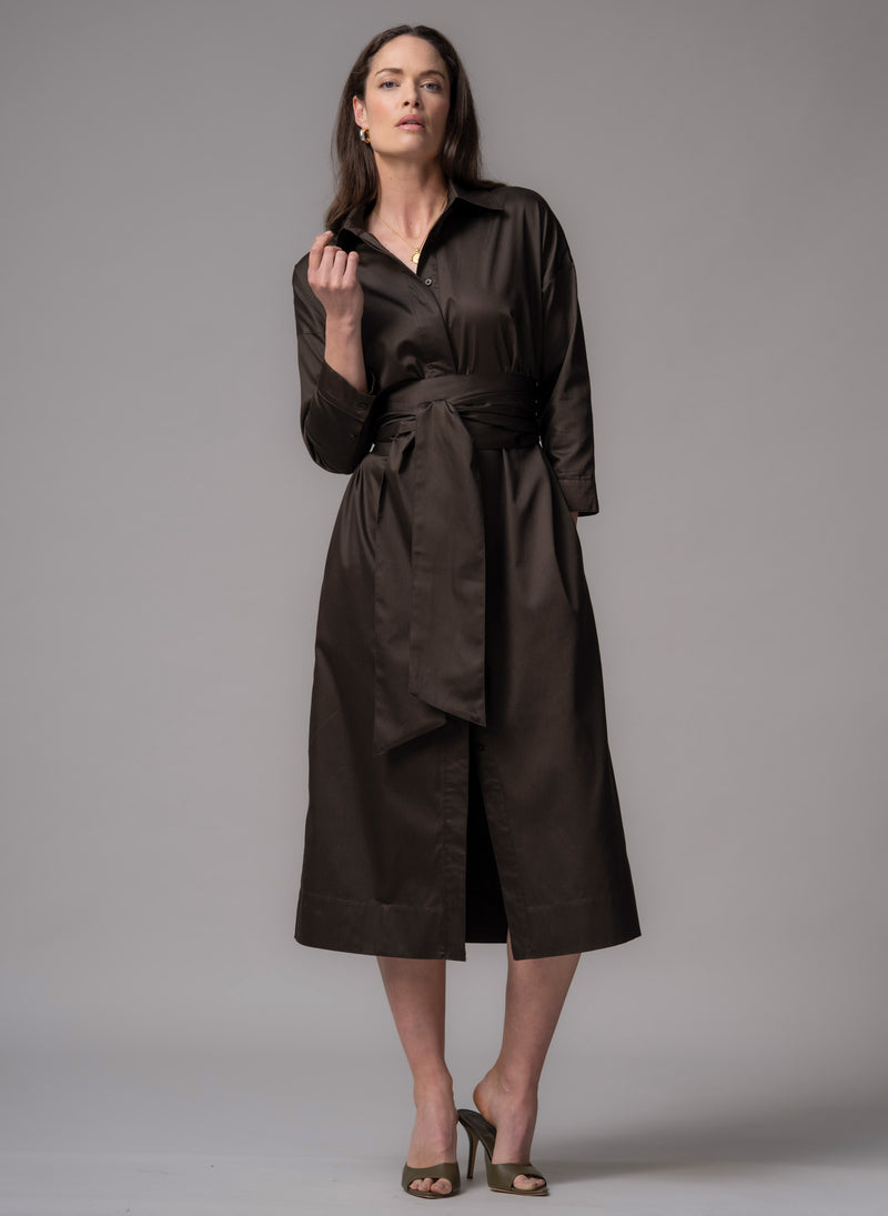Ottilie Chocolate Cotton Sateen Everyday Midi Shirt Dress
