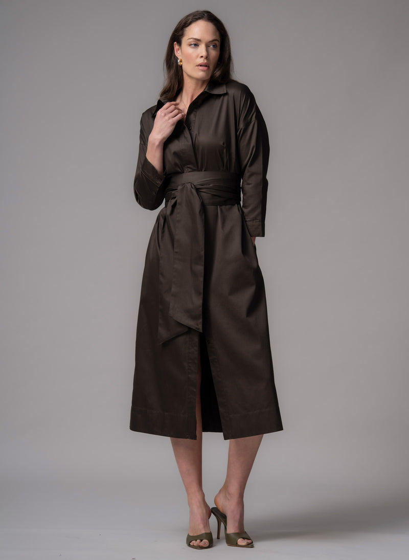 Ottilie Chocolate Cotton Sateen Everyday Midi Shirt Dress