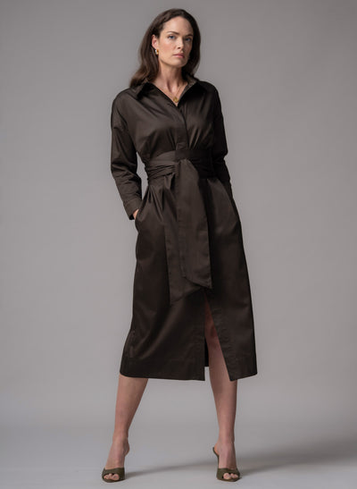 Ottilie Chocolate Cotton Sateen Everyday Midi Shirt Dress