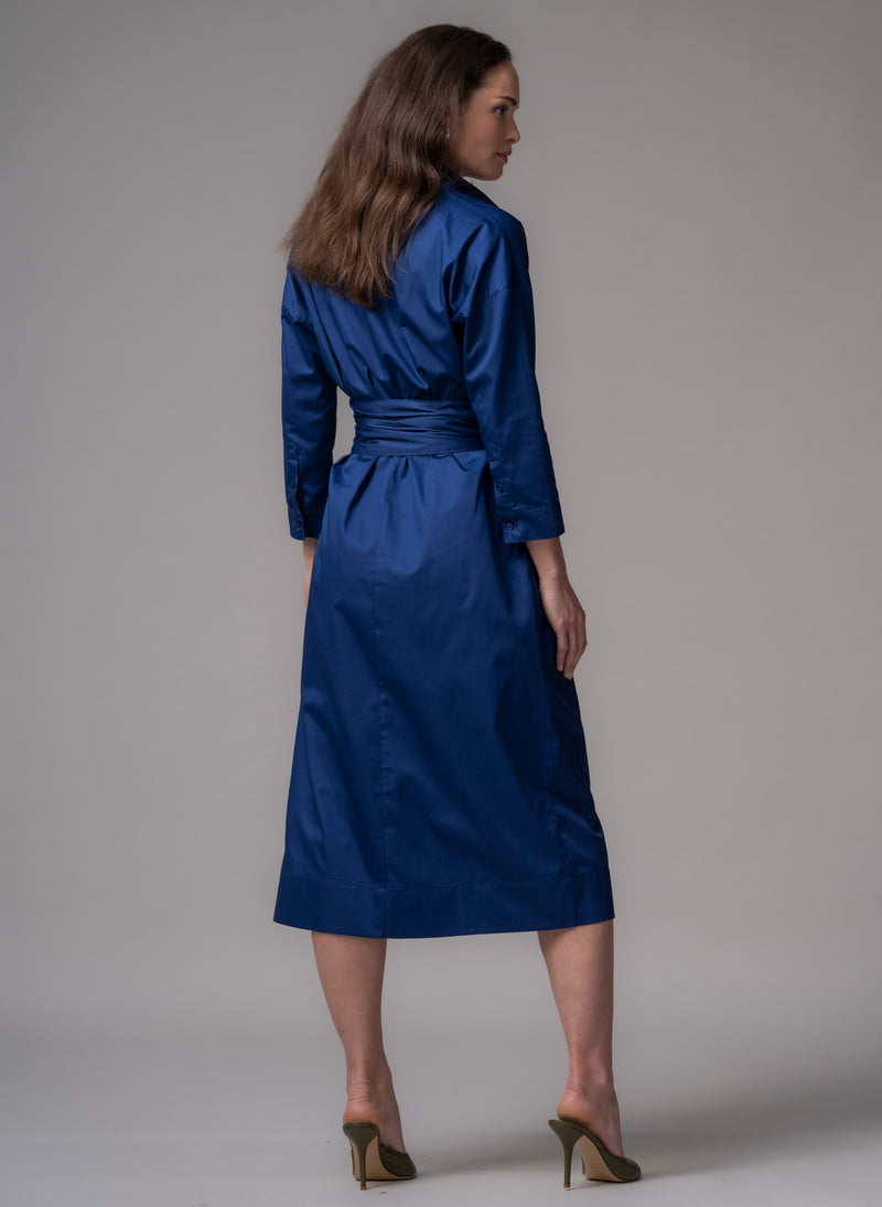 Ottilie Royal Blue Cotton Sateen Everyday Midi Shirt Dress