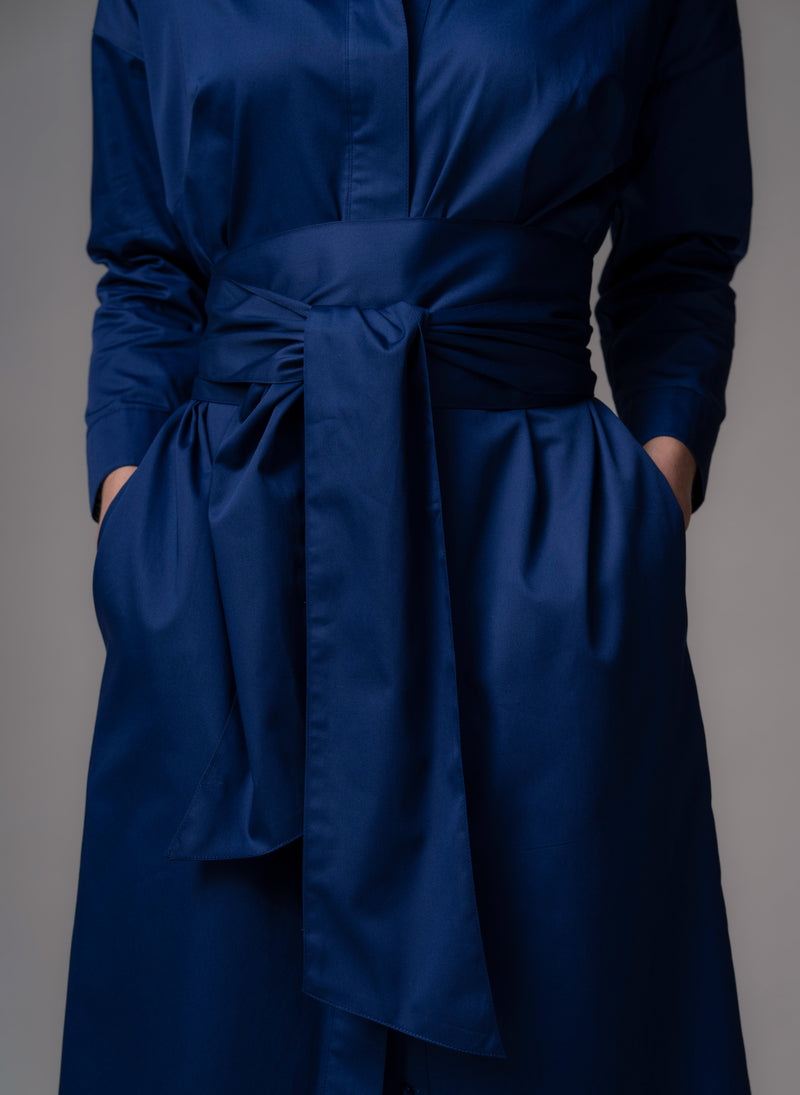 Ottilie Royal Blue Cotton Sateen Everyday Midi Shirt Dress