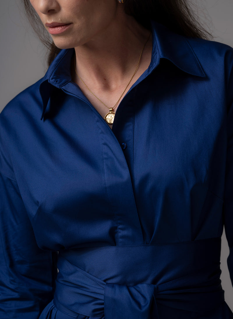 Ottilie Royal Blue Cotton Sateen Everyday Midi Shirt Dress