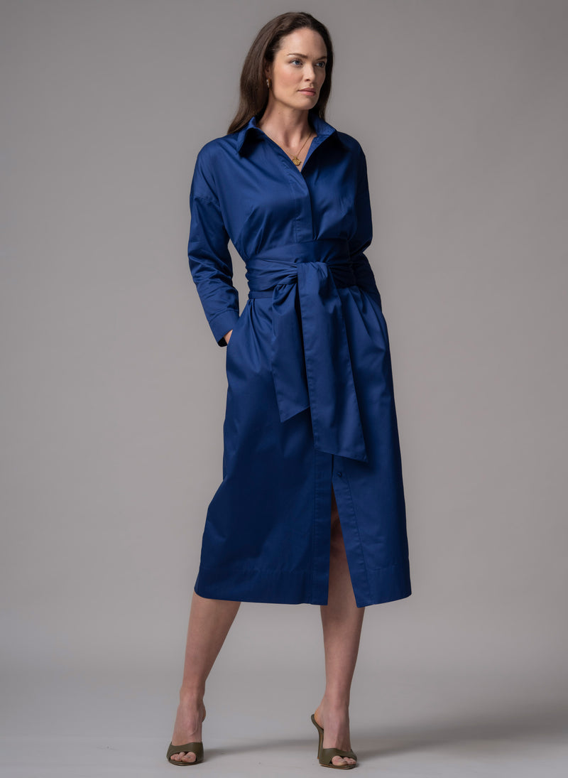Ottilie Royal Blue Cotton Sateen Everyday Midi Shirt Dress