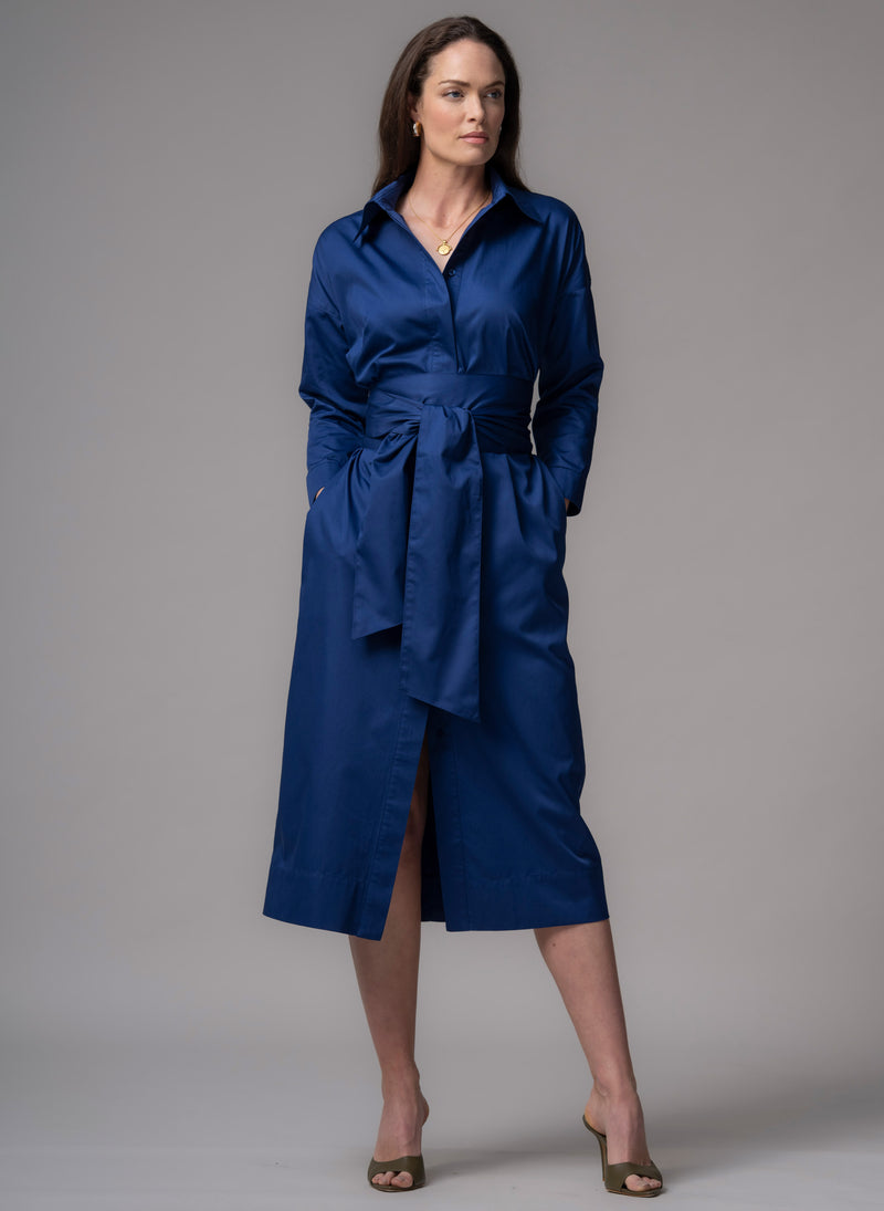 Ottilie Royal Blue Cotton Sateen Everyday Midi Shirt Dress