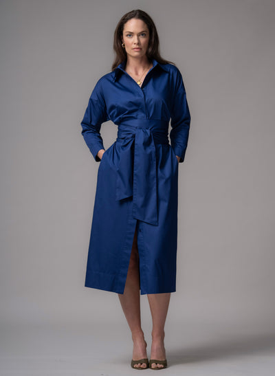 Ottilie Royal Blue Cotton Sateen Everyday Midi Shirt Dress