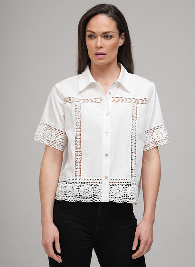 PALMA CROPPED CROCHET LACE AND COTTON SHIRT JACKET IN WHITE