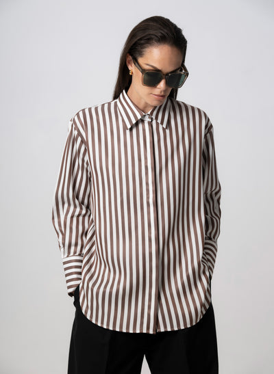 Paris "The French Girl" Chocolate Stripe Oversized Shirt in Tencel