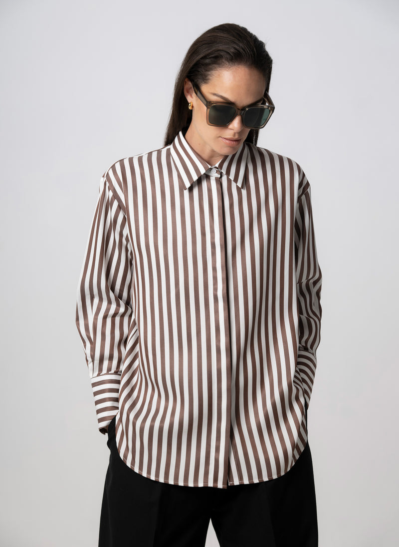 Paris "The French Girl" Chocolate Stripe Oversized Shirt in Tencel