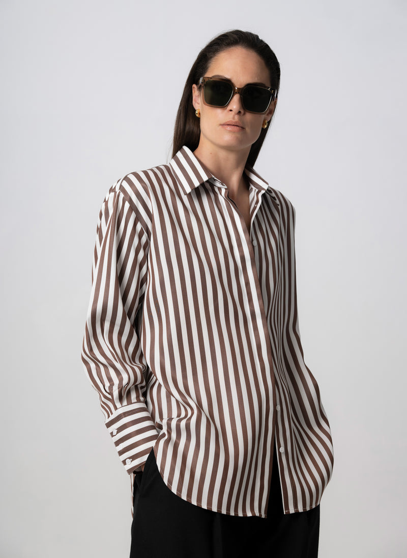 Paris "The French Girl" Chocolate Stripe Oversized Shirt in Tencel