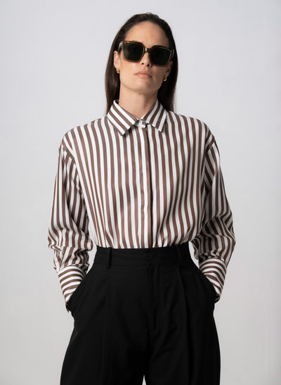 Paris "The French Girl" Chocolate Stripe Oversized Shirt in Tencel
