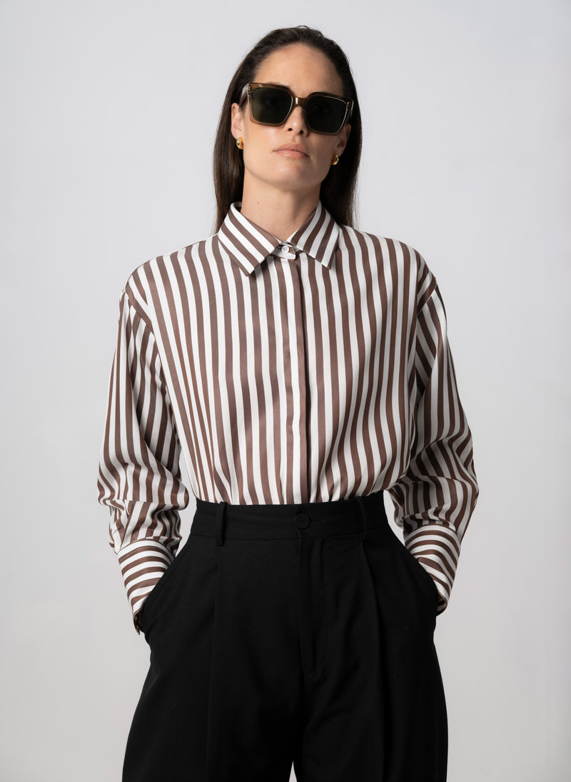 Paris "The French Girl" Chocolate Stripe Oversized Shirt in Tencel