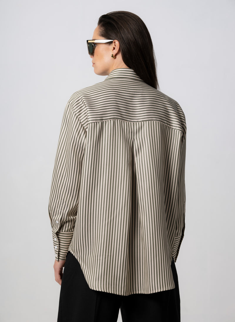 Paris "The French Girl" Olive & Ivory Stripe Oversized Shirt in Tencel