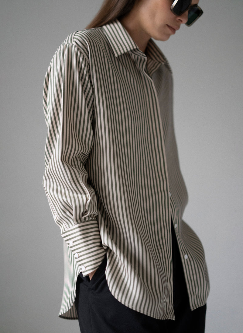 Paris "The French Girl" Olive & Ivory Stripe Oversized Shirt in Tencel