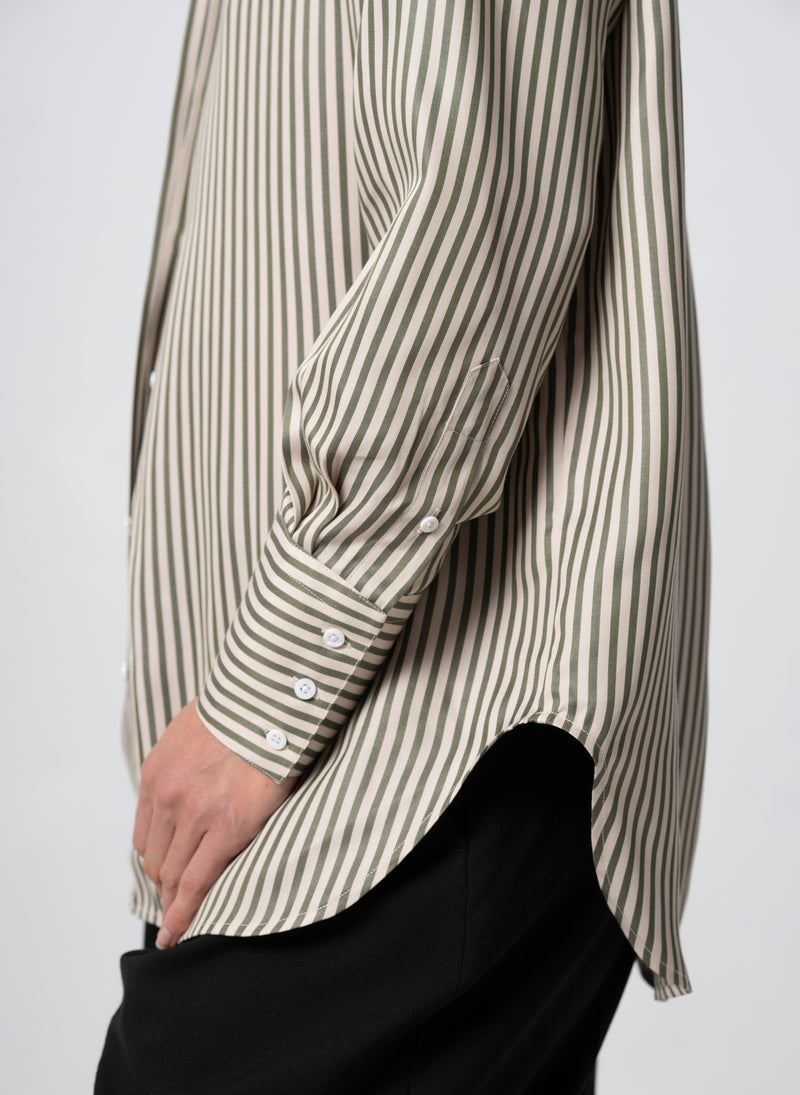 Paris "The French Girl" Olive & Ivory Stripe Oversized Shirt in Tencel