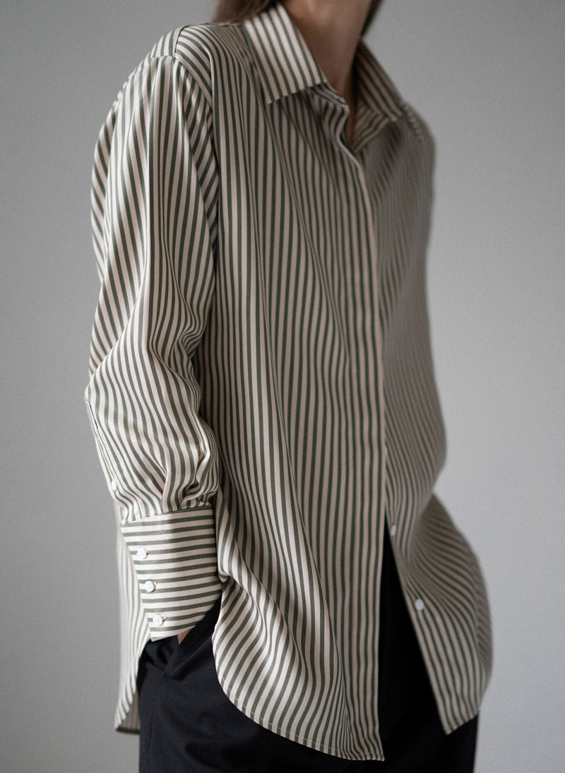 Paris "The French Girl" Olive & Ivory Stripe Oversized Shirt in Tencel