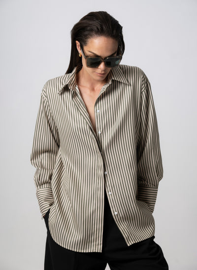 Paris "The French Girl" Olive & Ivory Stripe Oversized Shirt in Tencel