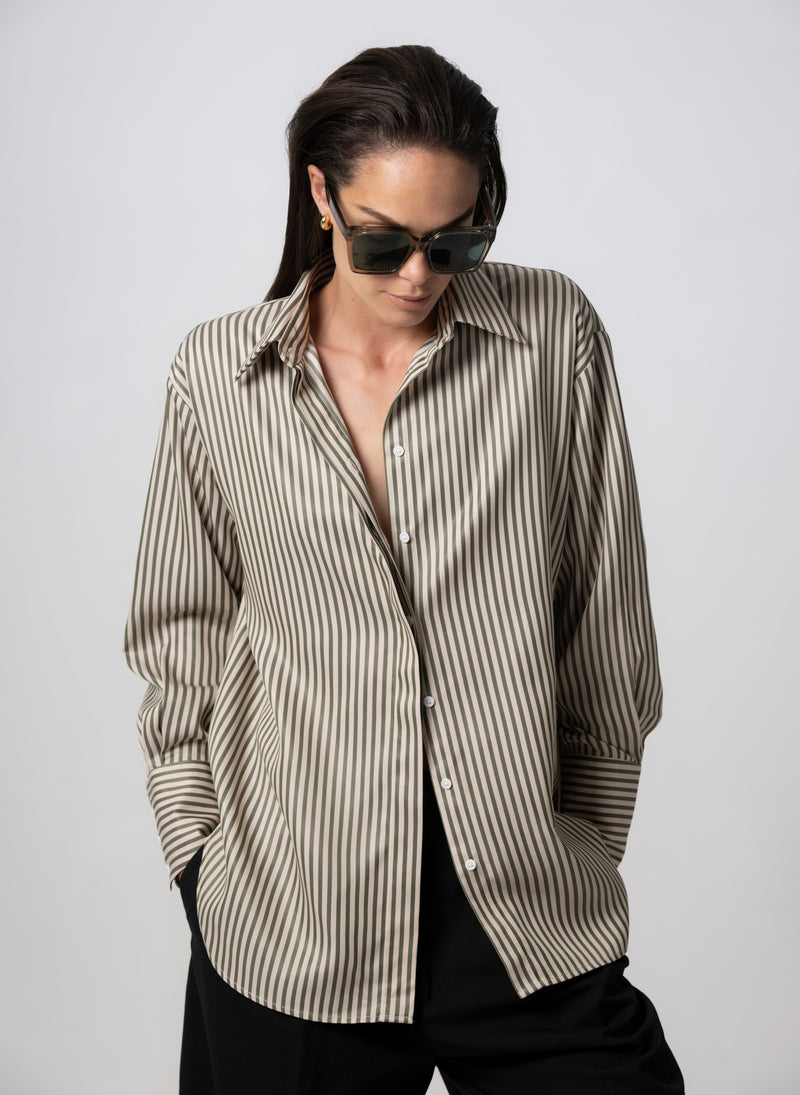 Paris "The French Girl" Olive & Ivory Stripe Oversized Shirt in Tencel