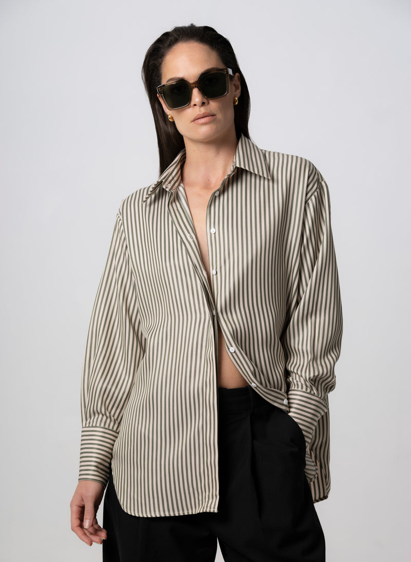 Paris "The French Girl" Olive & Ivory Stripe Oversized Shirt in Tencel