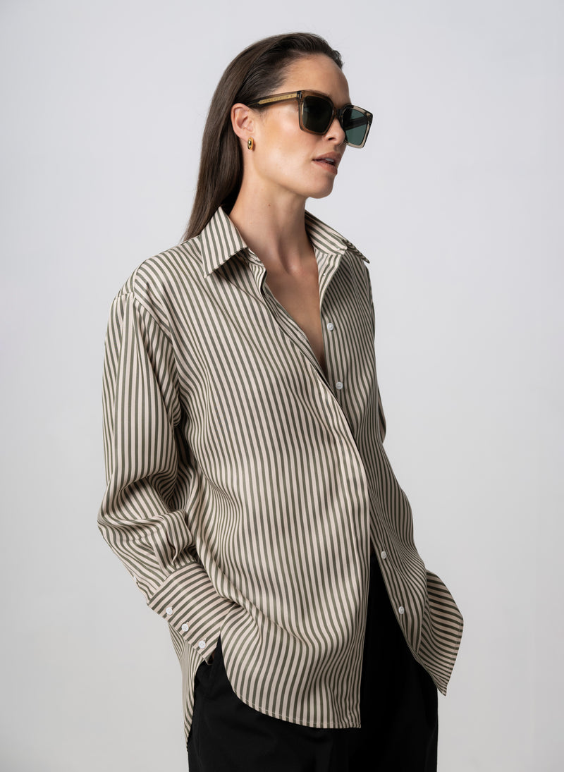 Paris "The French Girl" Olive & Ivory Stripe Oversized Shirt in Tencel
