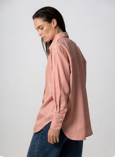 Paris "The French Girl" Red-orange & Ivory Stripe Oversized Shirt in Tencel