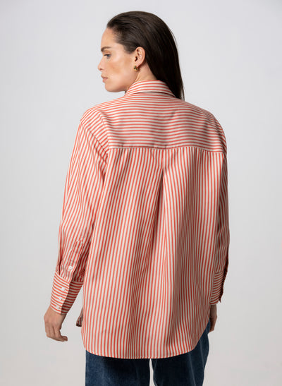 Paris "The French Girl" Red-orange & Ivory Stripe Oversized Shirt in Tencel