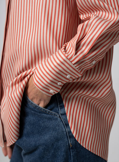 Paris "The French Girl" Red-orange & Ivory Stripe Oversized Shirt in Tencel