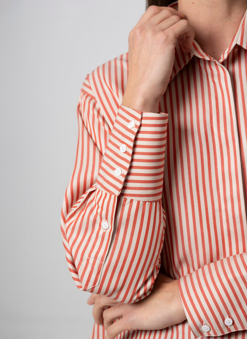 Paris "The French Girl" Red-orange & Ivory Stripe Oversized Shirt in Tencel