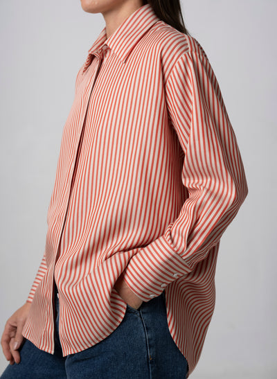 Paris "The French Girl" Red-orange & Ivory Stripe Oversized Shirt in Tencel
