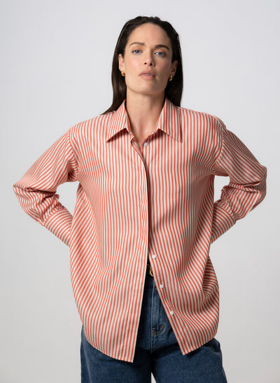 Paris "The French Girl" Red-orange & Ivory Stripe Oversized Shirt in Tencel
