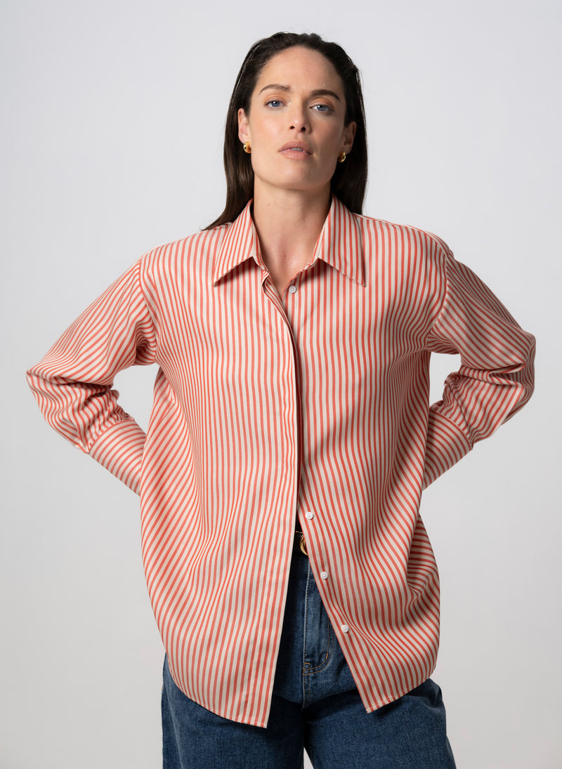 Paris "The French Girl" Red-orange & Ivory Stripe Oversized Shirt in Tencel