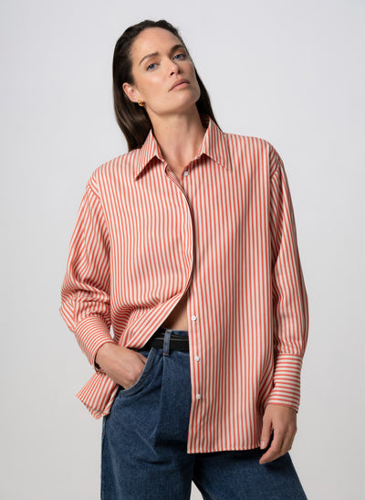 Paris "The French Girl" Red-orange & Ivory Stripe Oversized Shirt in Tencel