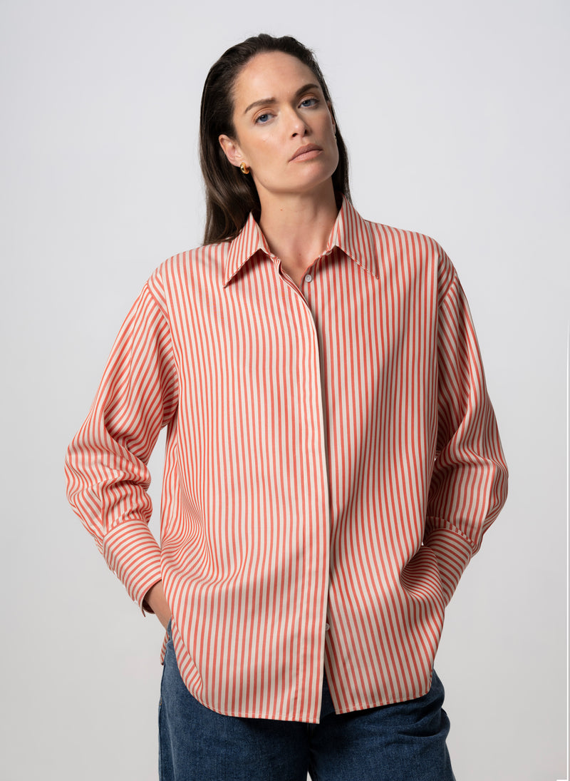 Paris "The French Girl" Red-orange & Ivory Stripe Oversized Shirt in Tencel