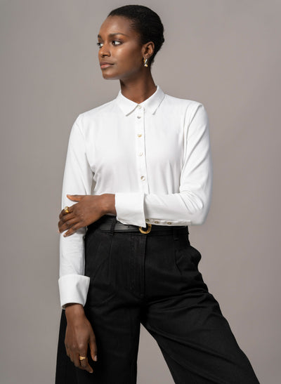 woman white dress shirt Segal Women's V-Neck 65% Polyester Patricia White Jersey Cotton Shirt