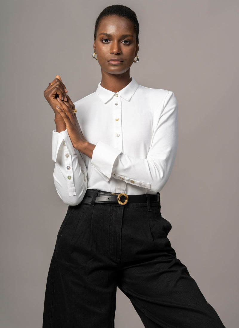 woman white dress shirt Women's Classic Button Front, Collar Petite and Plus Sizes not Available White cotton Dress Shirt