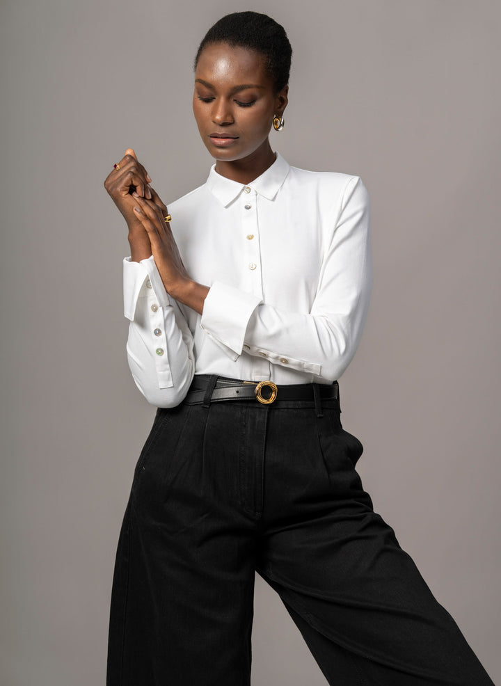 woman white dress shirt Henry Segal Women's Customizable Long Sleeve Band Collar Tailored Pearl Snap Top -