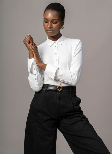 Patricia Cotton Jersey Contour Fit Polo Shirt With Woven Collar & Cuffs In White