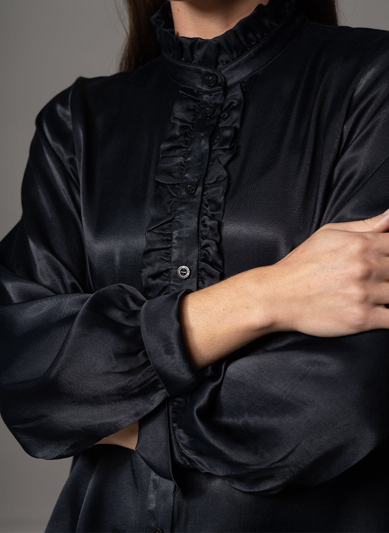 PIPPA BLACK RUFFLE FRONT TAKE YOU ANYWHERE DRAPE SATIN BLOUSE