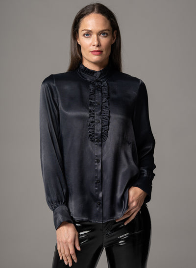 PIPPA BLACK RUFFLE FRONT TAKE YOU ANYWHERE DRAPE SATIN BLOUSE