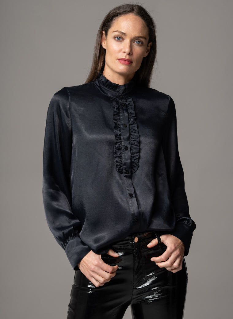 PIPPA BLACK RUFFLE FRONT TAKE YOU ANYWHERE DRAPE SATIN BLOUSE