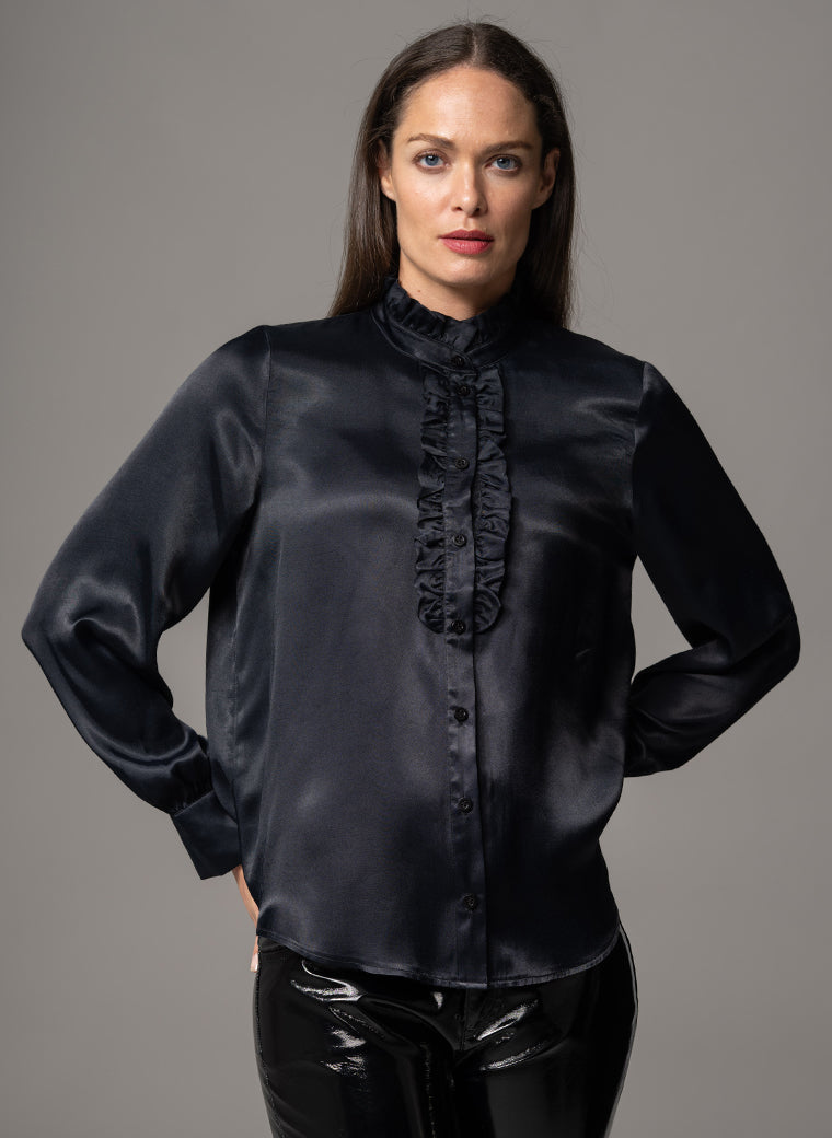 PIPPA BLACK RUFFLE FRONT TAKE YOU ANYWHERE DRAPE SATIN BLOUSE