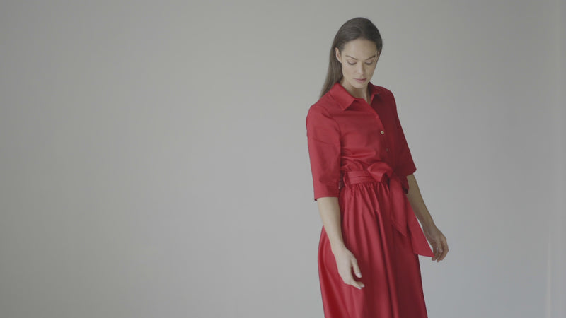 Le Marais Red Cotton Everyday Midi Shirt Dress