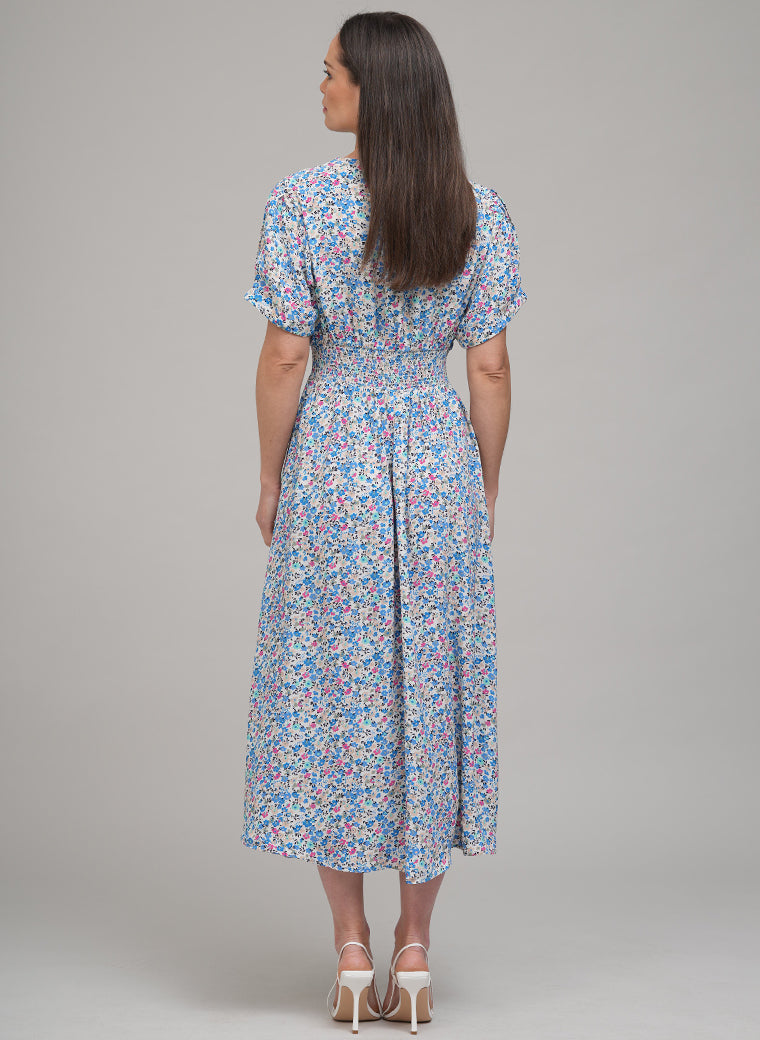 PRIMROSE SHORT SLEEVE DRAPEY MIDI SHIRT DRESS IN FLORAL BLUE