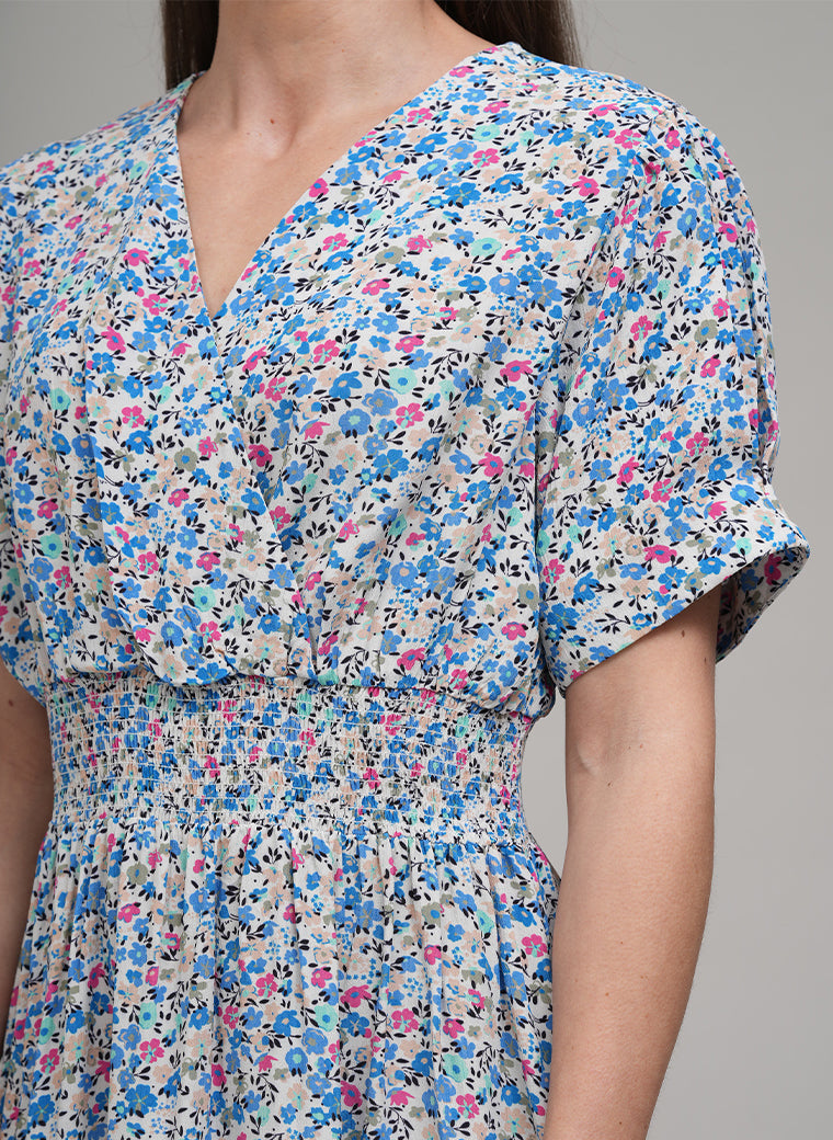 PRIMROSE SHORT SLEEVE DRAPEY MIDI SHIRT DRESS IN FLORAL BLUE