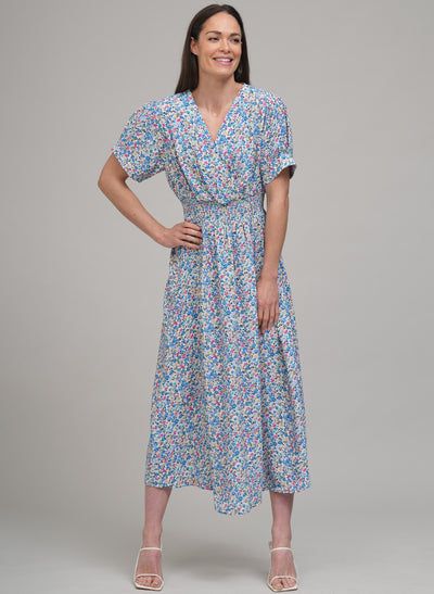 PRIMROSE SHORT SLEEVE DRAPEY MIDI SHIRT DRESS IN FLORAL BLUE