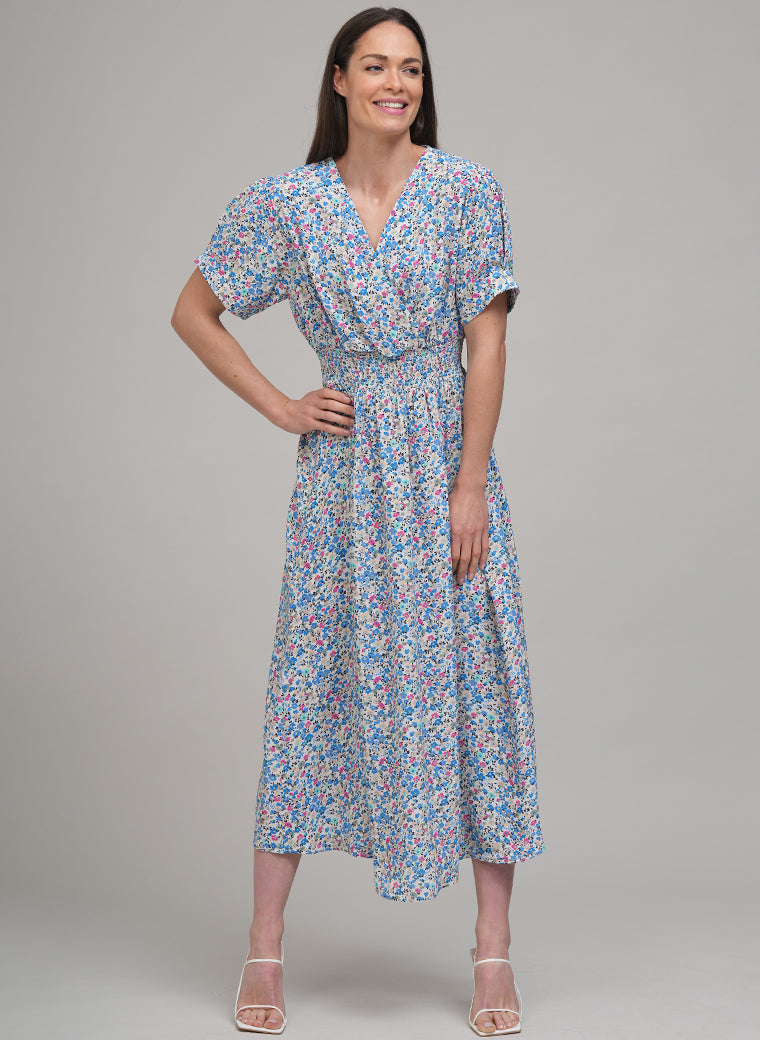 PRIMROSE SHORT SLEEVE DRAPEY MIDI SHIRT DRESS IN FLORAL BLUE